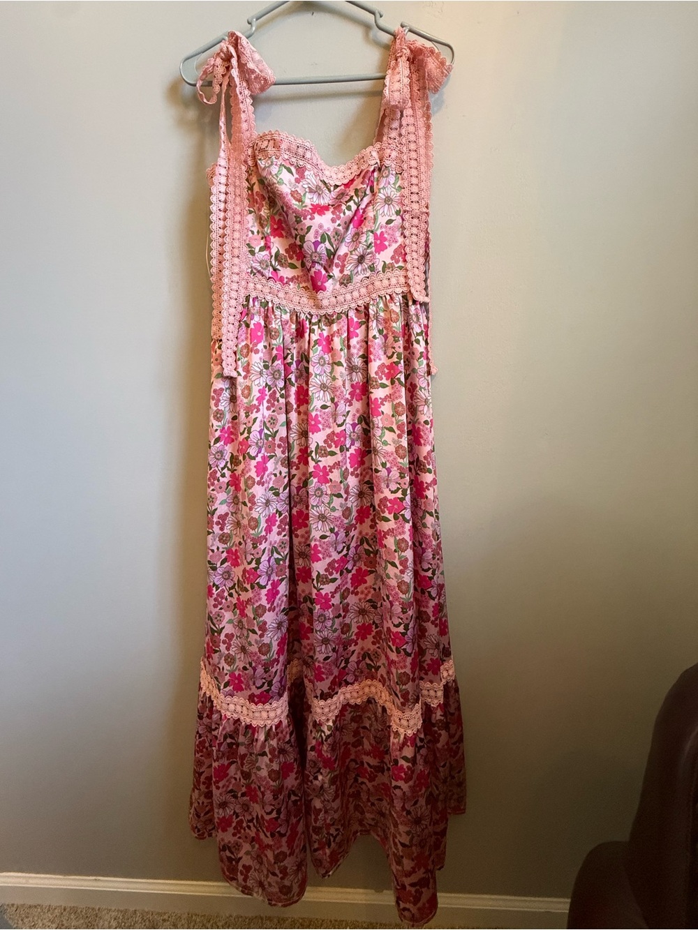 Pink Floral Maxi Dress with Crochet Trim